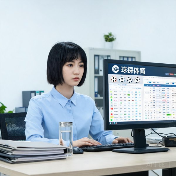 球探体育旧版本技术负责人陈琳，年轻女性，短发干练，在电脑前工作
